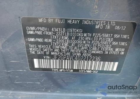 2013 Subaru Xv Crosstrek 2.0I Premium from USA, damaged, VIN JF2GPAVC4D2212236